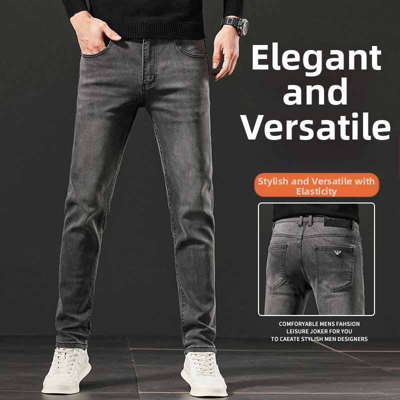 Pánske dymovo sivé džínsy, rovný slim fit, strečový denim, jeseň-zima, všestranné, cenovo dostupný luxus, európsky štýl v high-end štýle