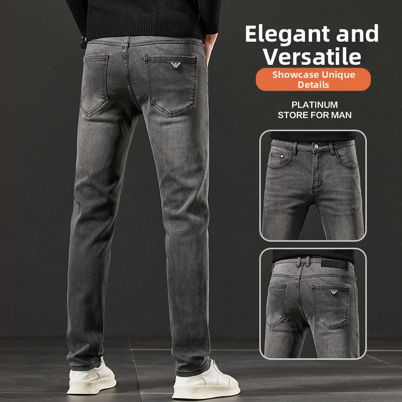 Pánske dymovo sivé džínsy, rovný slim fit, strečový denim, jeseň-zima, všestranné, cenovo dostupný luxus, európsky štýl v high-end štýle