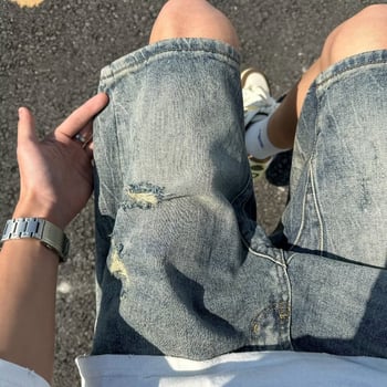 Șort denim bărbătești cu rupturi, stil american, retro, croială largă, streetwear