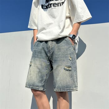 Șort denim bărbătești cu rupturi, stil american, retro, croială largă, streetwear