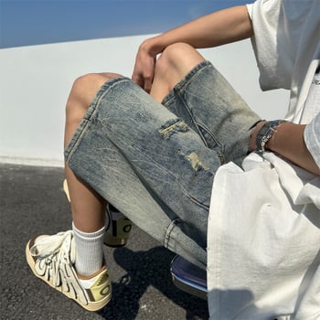 Șort denim bărbătești cu rupturi, stil american, retro, croială largă, streetwear