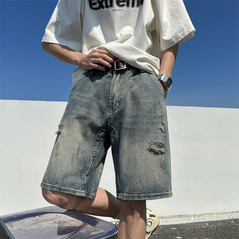 Șort denim bărbătești cu rupturi, stil american, retro, croială largă, streetwear