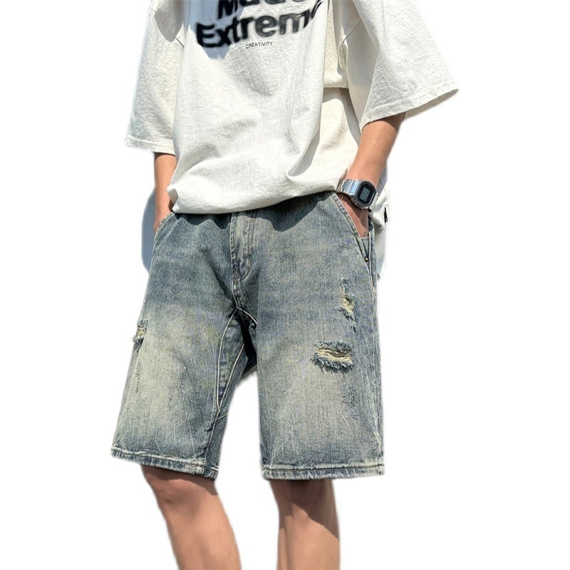 Șort denim bărbătești cu rupturi, stil american, retro, croială largă, streetwear