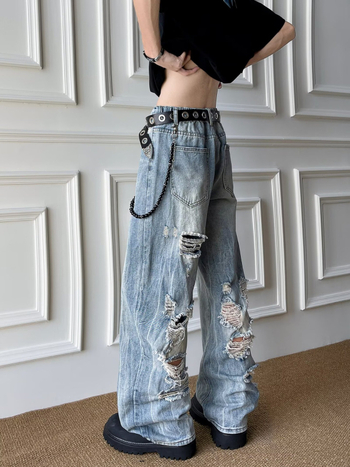 Blugi bărbătești denim în stil american retro, spălați, uzură, croială dreaptă, vară, largi, confortabili