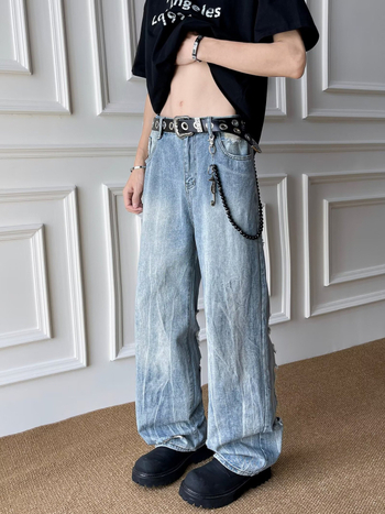 Blugi bărbătești denim în stil american retro, spălați, uzură, croială dreaptă, vară, largi, confortabili