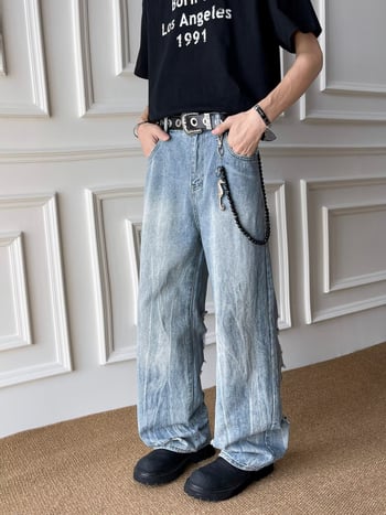Blugi bărbătești denim în stil american retro, spălați, uzură, croială dreaptă, vară, largi, confortabili