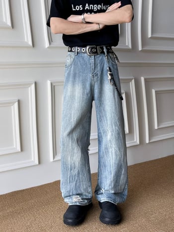 Blugi bărbătești denim în stil american retro, spălați, uzură, croială dreaptă, vară, largi, confortabili