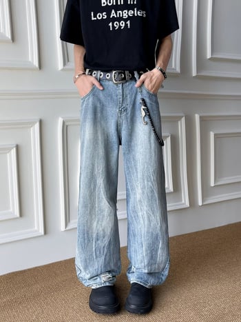 Blugi bărbătești denim în stil american retro, spălați, uzură, croială dreaptă, vară, largi, confortabili