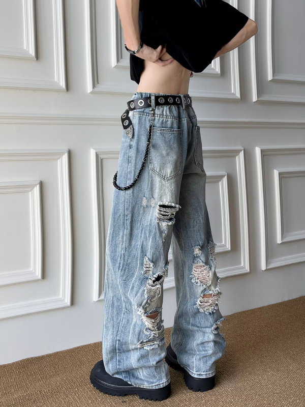 Blugi bărbătești denim în stil american retro, spălați, uzură, croială dreaptă, vară, largi, confortabili