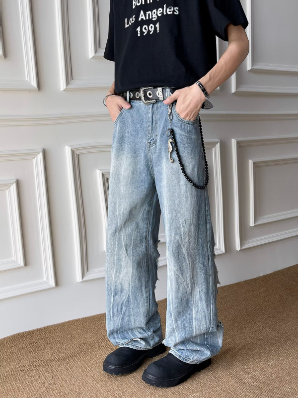 Blugi bărbătești denim în stil american retro, spălați, uzură, croială dreaptă, vară, largi, confortabili