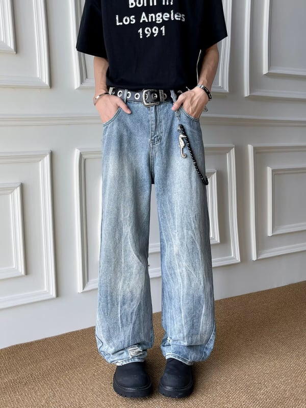 Blugi bărbătești denim în stil american retro, spălați, uzură, croială dreaptă, vară, largi, confortabili