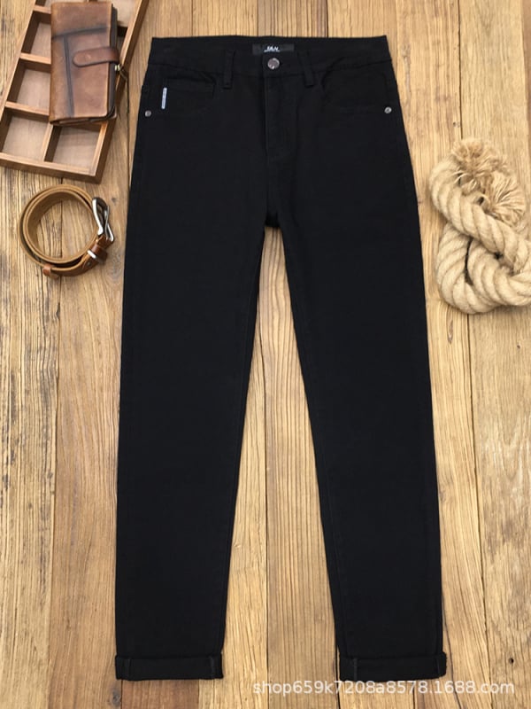 Jeans bărbătești de iarnă cu căptușeală de fleece, negri, croială dreaptă, slim fit, spălare enzimată