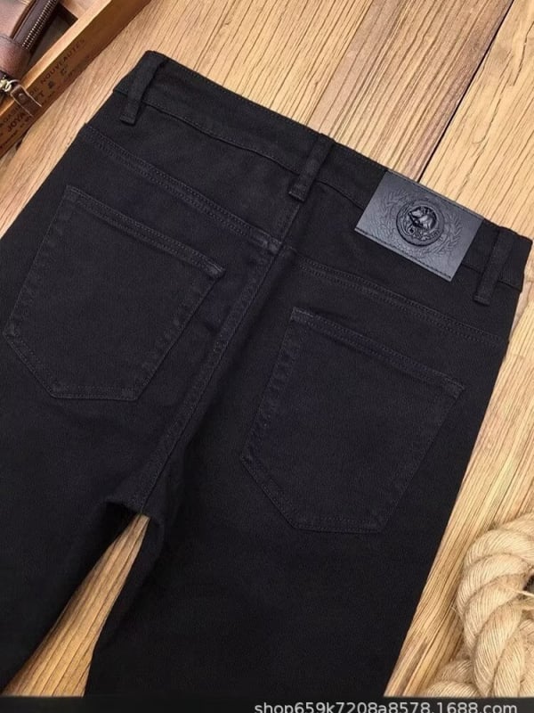 Jeans bărbătești de iarnă cu căptușeală de fleece, negri, croială dreaptă, slim fit, spălare enzimată
