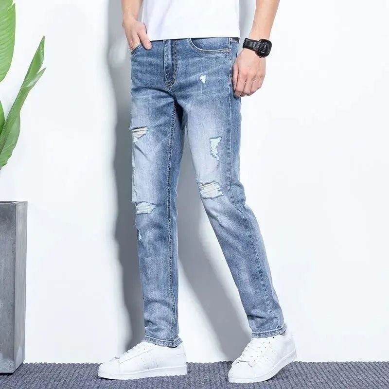 Blugi albastru deschis pentru bărbați, denim cu elastan, detalii rupte, ușori pentru vară, croială drept-slim