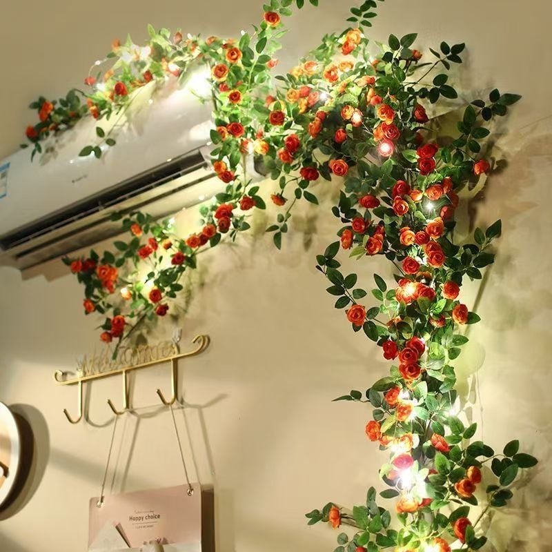 Viță artificială cu trandafiri roz pentru decor interior, viță din plastic pentru înfășurarea și mascarea conductelor de aer condiționat