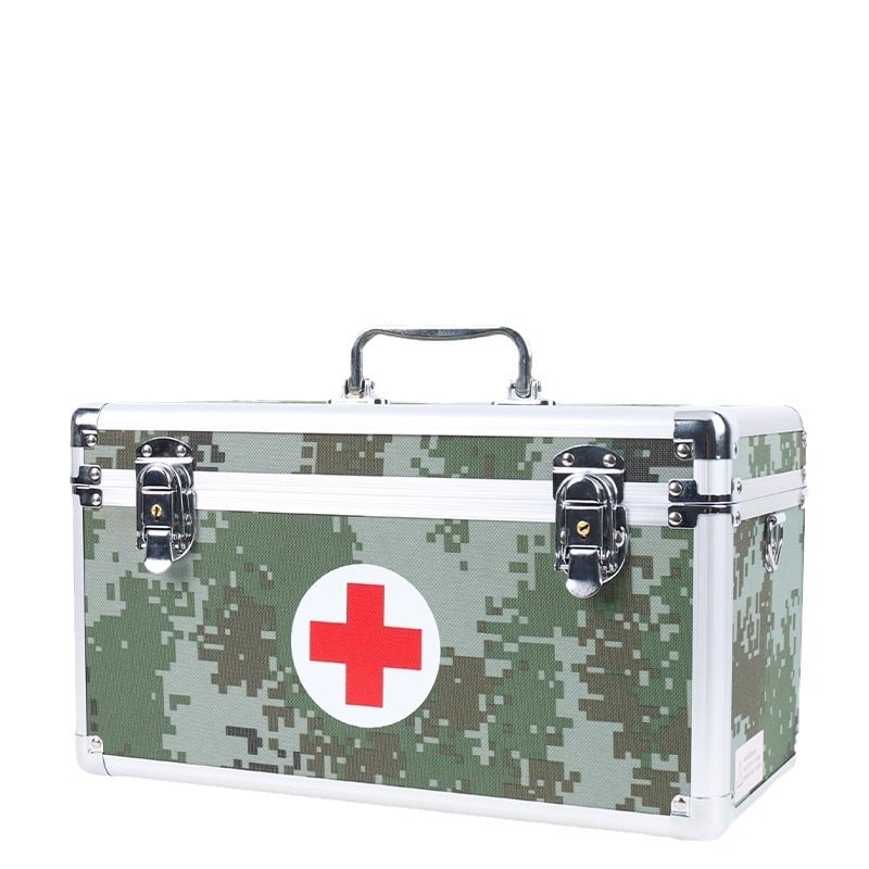 Cutie mare pentru prim ajutor din aliaj de aluminiu camuflat, 14 inch, cutie medicală de teren cu încuietoare, cu multiple compartimente (goală)