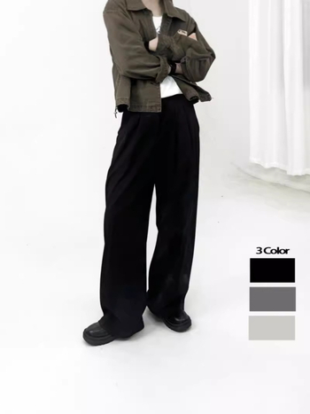 Pantaloni negri uni pentru bărbați, croială dreaptă, casual, lungi până la podea, ușor elastici, în stil coreean