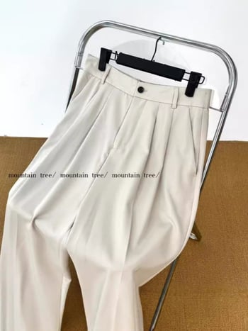 Pantaloni negri uni pentru bărbați, croială dreaptă, casual, lungi până la podea, ușor elastici, în stil coreean