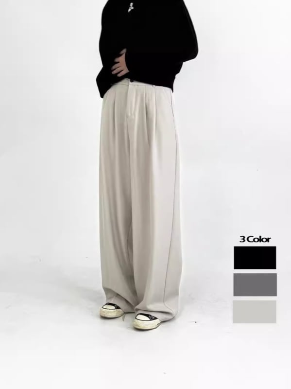 Pantaloni negri uni pentru bărbați, croială dreaptă, casual, lungi până la podea, ușor elastici, în stil coreean