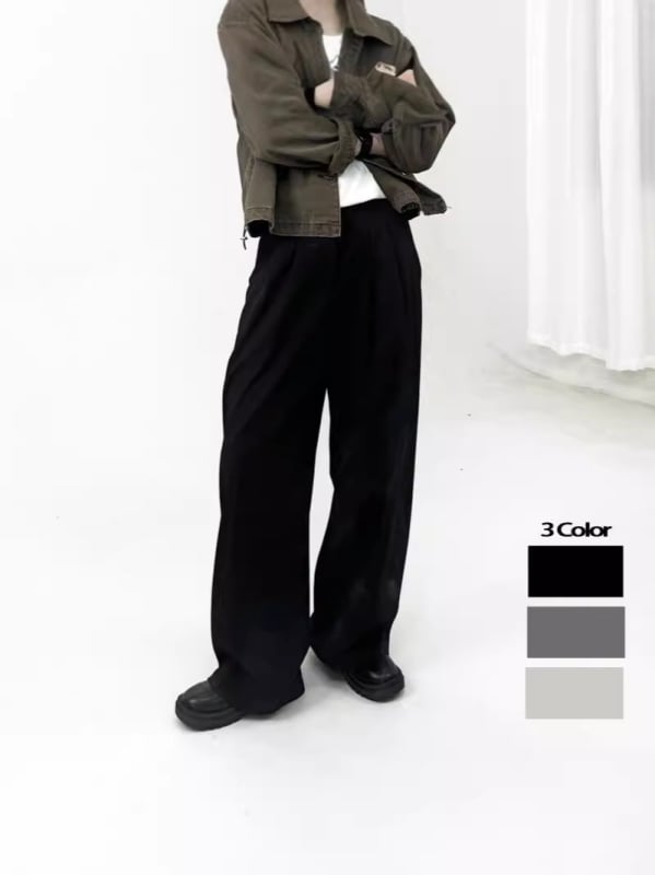 Pantaloni negri uni pentru bărbați, croială dreaptă, casual, lungi până la podea, ușor elastici, în stil coreean