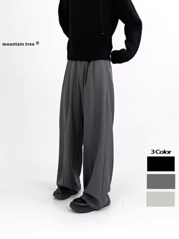 Pantaloni negri uni pentru bărbați, croială dreaptă, casual, lungi până la podea, ușor elastici, în stil coreean