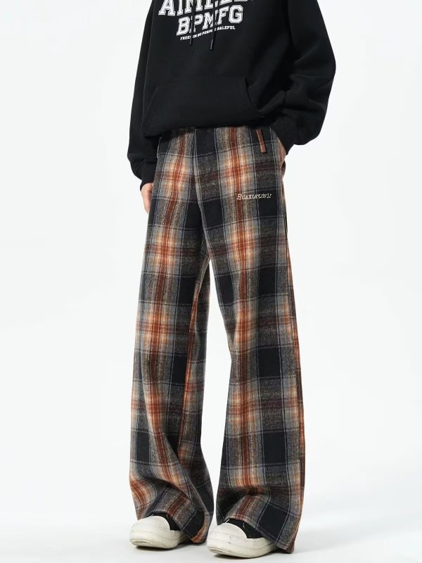 Pantaloni în carouri, stil american retro pentru bărbați — croială dreaptă, largi, casual sport