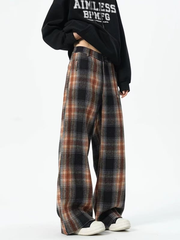 Pantaloni în carouri, stil american retro pentru bărbați — croială dreaptă, largi, casual sport