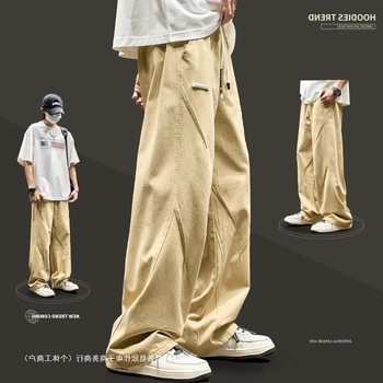 Pantaloni cargo urbani sport casual pentru bărbați, vară, croială lejeră drept, picior lat, stil retro japonez de lucru
