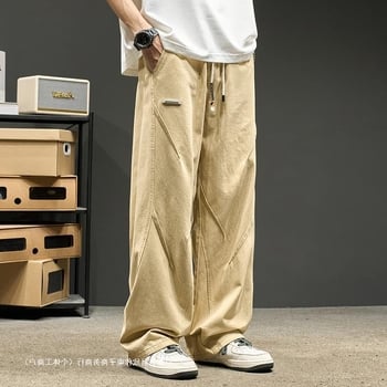Pantaloni cargo urbani sport casual pentru bărbați, vară, croială lejeră drept, picior lat, stil retro japonez de lucru