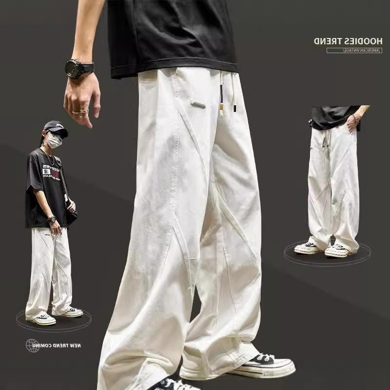 Pantaloni cargo urbani sport casual pentru bărbați, vară, croială lejeră drept, picior lat, stil retro japonez de lucru