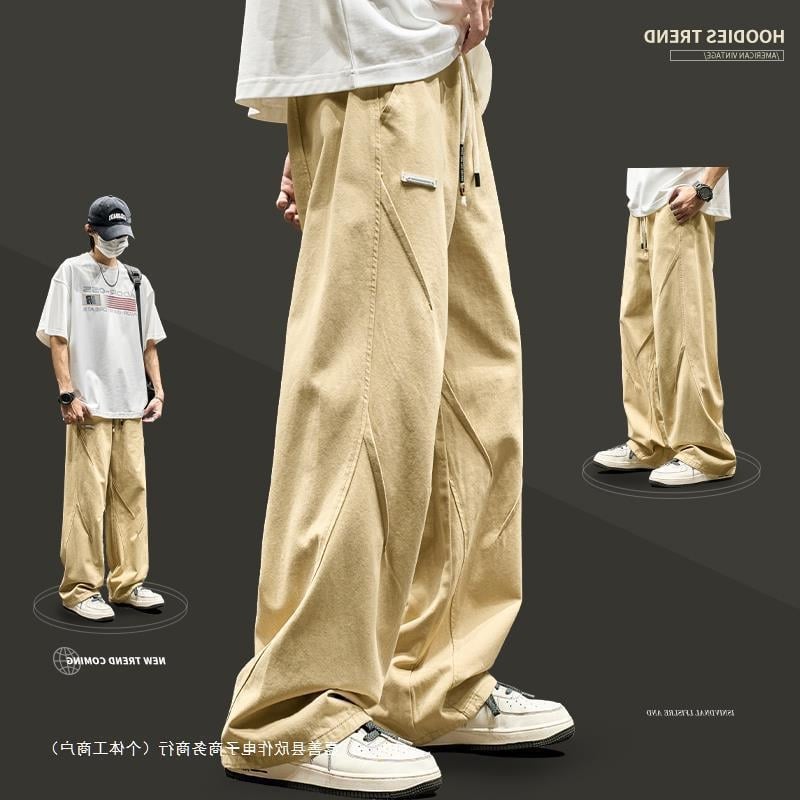 Pantaloni cargo urbani sport casual pentru bărbați, vară, croială lejeră drept, picior lat, stil retro japonez de lucru