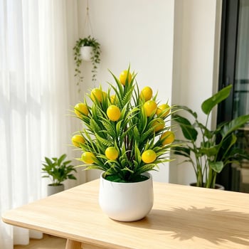 Vas mare în formă de val, cu 24 bonsai artificiali cu fructe pentru decor interior