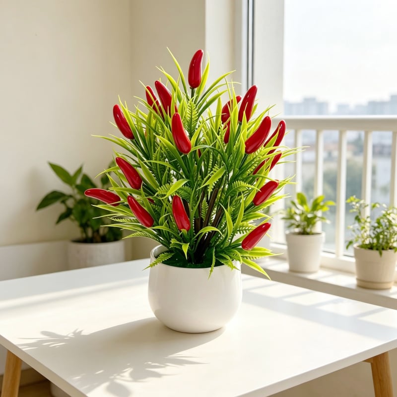 Vas mare în formă de val, cu 24 bonsai artificiali cu fructe pentru decor interior