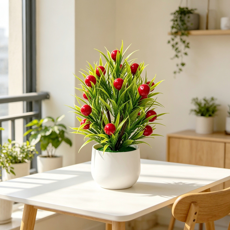 Vas mare în formă de val, cu 24 bonsai artificiali cu fructe pentru decor interior