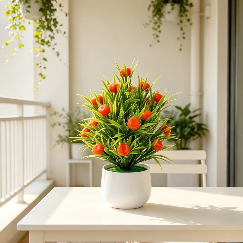 Vas mare în formă de val, cu 24 bonsai artificiali cu fructe pentru decor interior