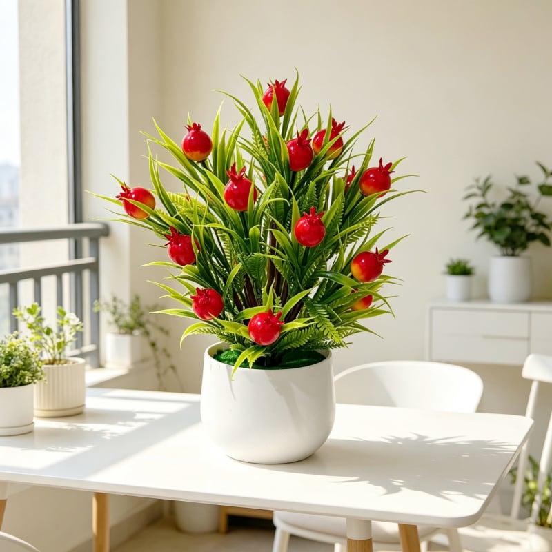 Vas mare în formă de val, cu 24 bonsai artificiali cu fructe pentru decor interior