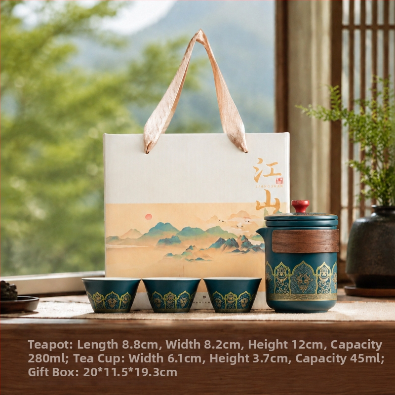 Prenosná cestovná čajová súprava s tradičným dizajnom — jedna kanvica a tri šálky v darčekovej krabičke