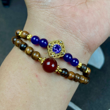Brățară DIY din lemn de trandafir negru, 6 mm, design cu două cercuri, pentru bărbați și femei, bijuterii artistice cu nouă ametiste mov