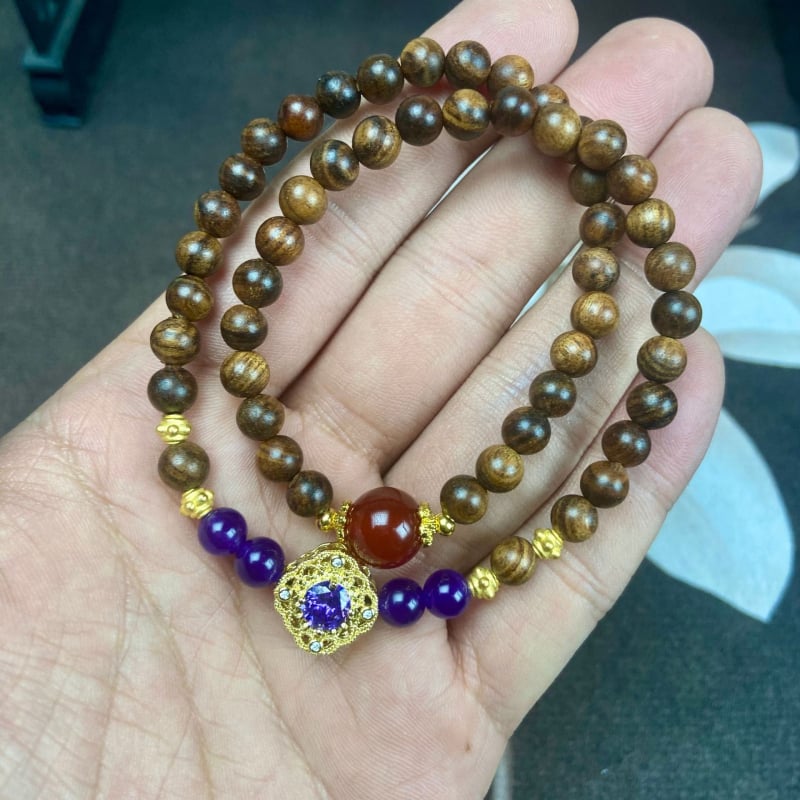Brățară DIY din lemn de trandafir negru, 6 mm, design cu două cercuri, pentru bărbați și femei, bijuterii artistice cu nouă ametiste mov