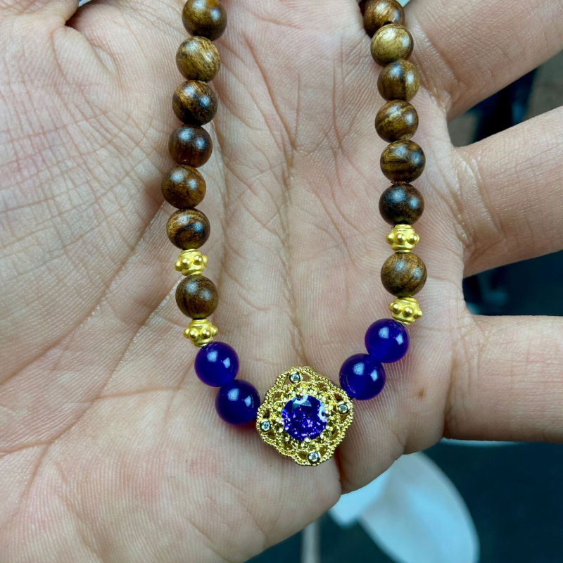 Brățară DIY din lemn de trandafir negru, 6 mm, design cu două cercuri, pentru bărbați și femei, bijuterii artistice cu nouă ametiste mov