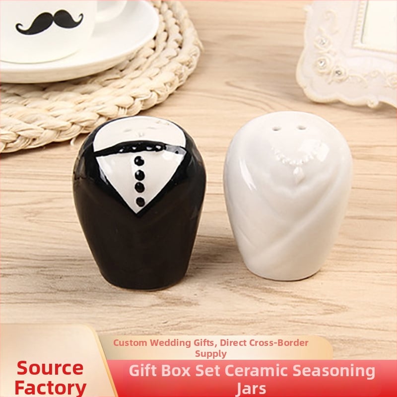 Set cadou ceramic pentru condimente, în cutie cadou, cu imprimare Mireasă și Mire