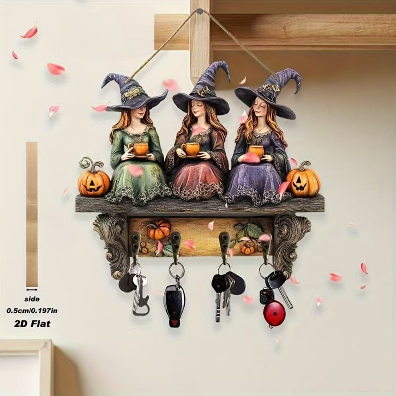 Cuier din lemn pentru chei cu temă Halloween, pandantiv decorativ pentru curte în aer liber