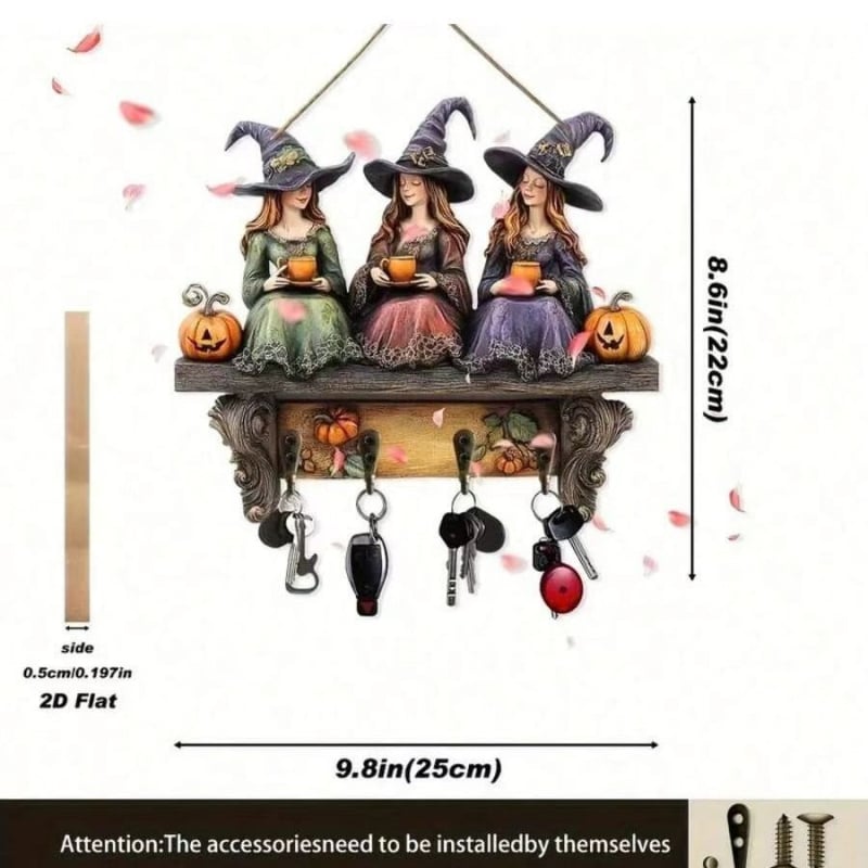 Cuier din lemn pentru chei cu temă Halloween, pandantiv decorativ pentru curte în aer liber