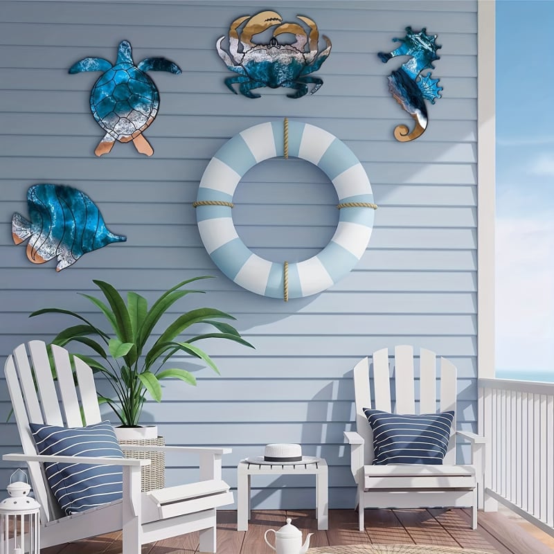 Semn din lemn pentru verandă, cu o lume subacvatică de vară și animale mici, decor pentru perete