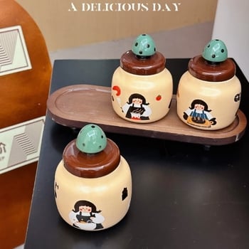 Set ceramic de borcănele pentru condimente cu design în copac, depozitare pentru sare, piper și MSG, cu tavă și cutie cadou