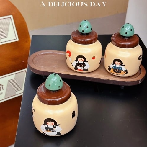 Set ceramic de borcănele pentru condimente cu design în copac, depozitare pentru sare, piper și MSG, cu tavă și cutie cadou