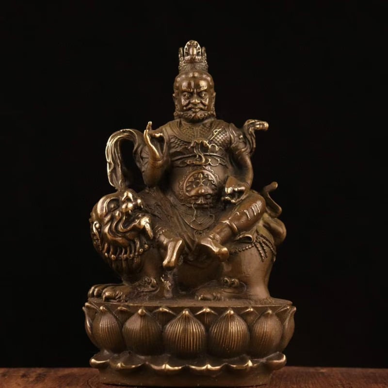 Statuetă Buddha din alamă în stil antic și figură a lui Dumnezeu al Bogăției, lucrare din cupru