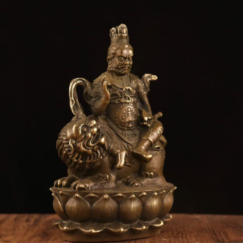 Statuetă Buddha din alamă în stil antic și figură a lui Dumnezeu al Bogăției, lucrare din cupru