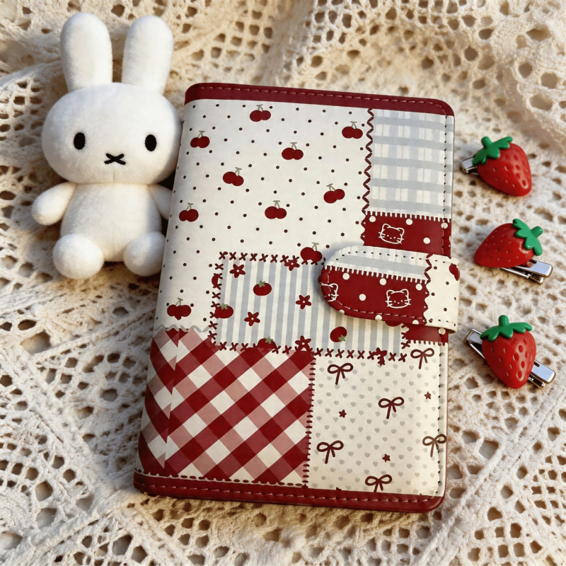 A6-os notesz leválasztható lapokkal, patchwork négyzetekkel és meggy motívummal – aranyos, hordozható napló