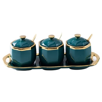 Set de borcane ceramice pentru condimente: borcan de ardei iute, borcan de sare, borcan pentru condimente și cutie pentru condimente pentru bucătărie, stil lux ușor.